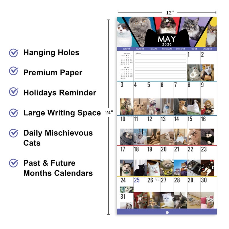 MaaIbok 2026 Wall Calendar - Funny Cats Calendar 2026, 12"" x 24"" (Open), Jan.2026 - Dec.2026, 12-Month Calendar, 365-Day Lovely Cat Calendar, Unruled Blocks, Thick Paper, Hanging Hole - Image 5